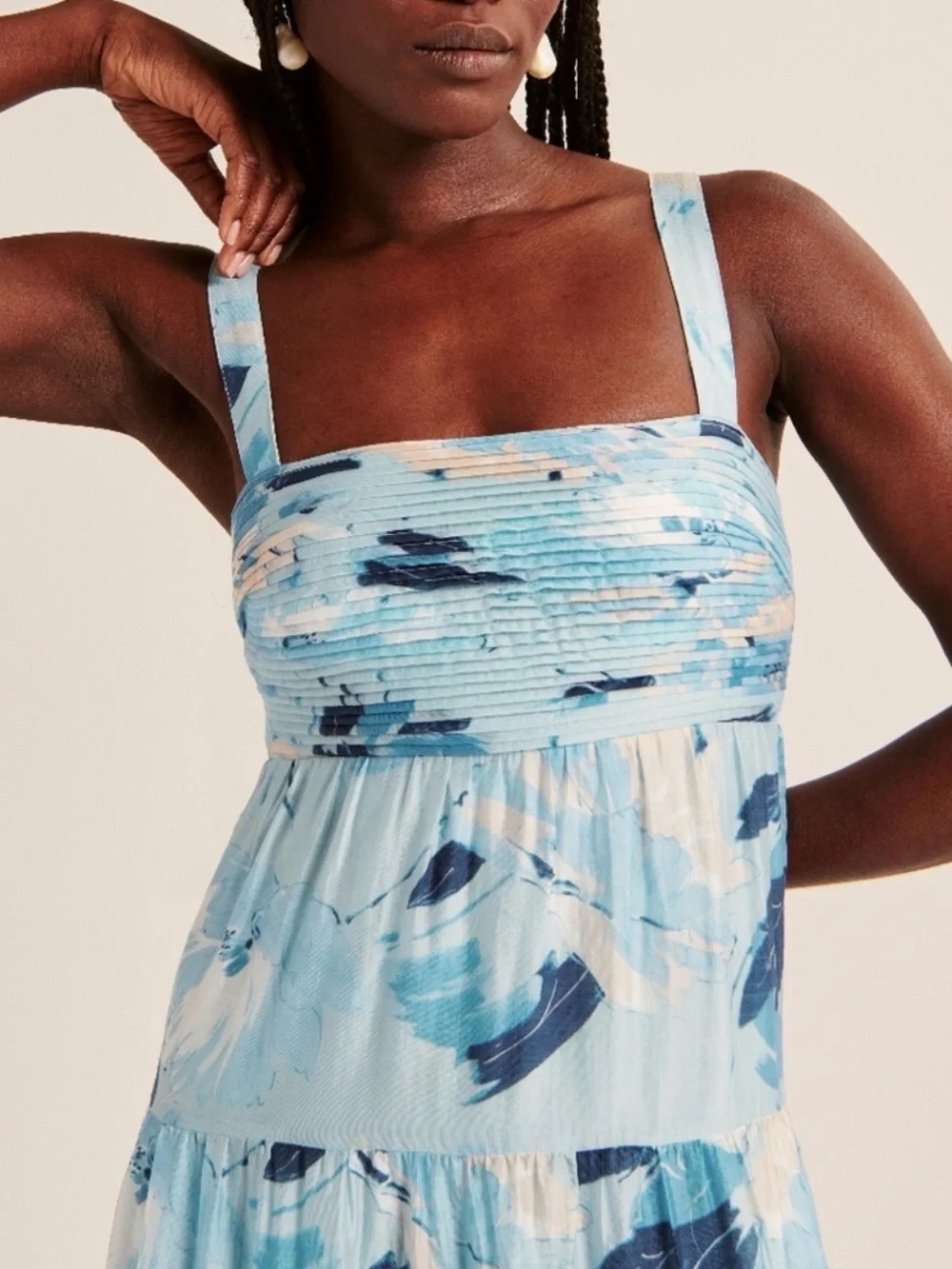 NWT Abercrombie & Fitch Blue Print Ruched Tiered Babydoll Maxi Dress M Tall